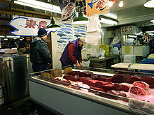 Whale meat on sale at Tsukiji fish market in Tokyo, Japan