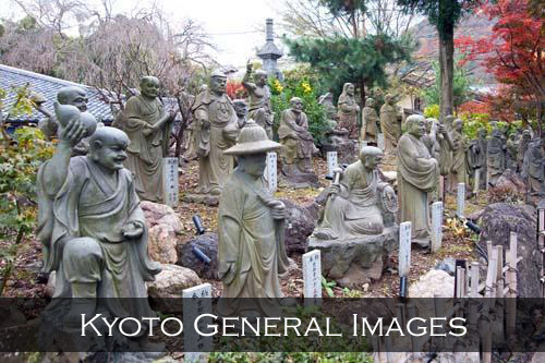 An impressive collection of roadside religous statues in Arashiyama. Kyoto, Japan
