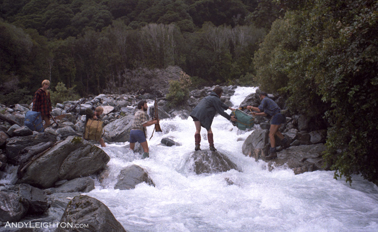 Loss of balance on the slippery rocks will mean a cold dunking at the very least and possibly a lot worse. Perth River Valley, Westland, New Zealand. Malcolm Thomas, Garry Turnbull, Ian Arnott, Joe, Mick Delury
