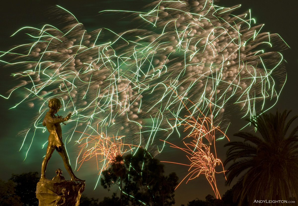 A replica statue of Peter Pan watches the Chinese New Year fireworks. The statue was cast from the original mould of the famous Peter Pan statue by Sir George Frampton which is located in London's Kensington Gardens in England. Gloucester Park, Perth, Australia